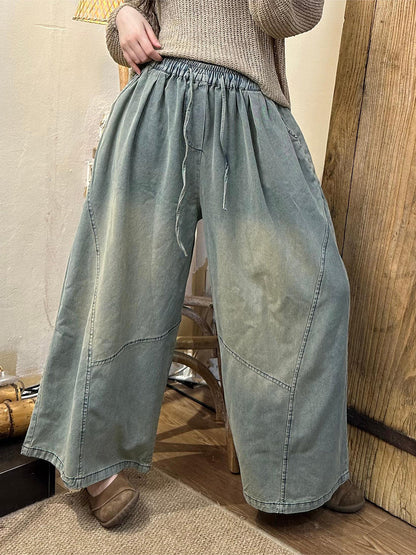 Women Summer Retro Spliced Denim Wide-leg Pants AS1002