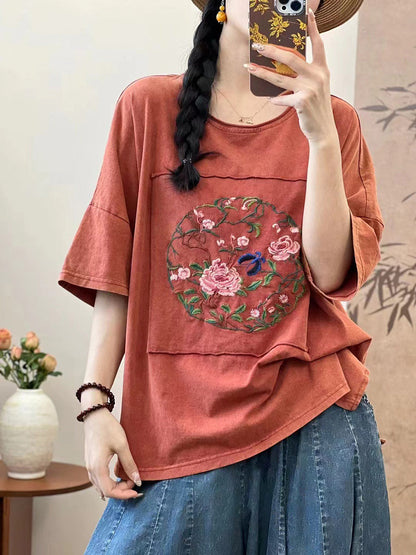 Women Summer Artsy Flower Embroidery Cotton Spliced Shirt AS1005