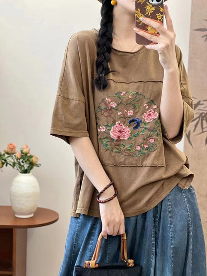 Women Summer Artsy Flower Embroidery Cotton Spliced Shirt AS1005