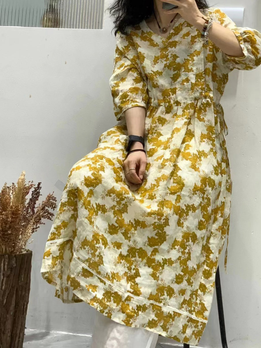 Robe d'été à col en V en ramie à fleurs artistiques pour femmes AS1023