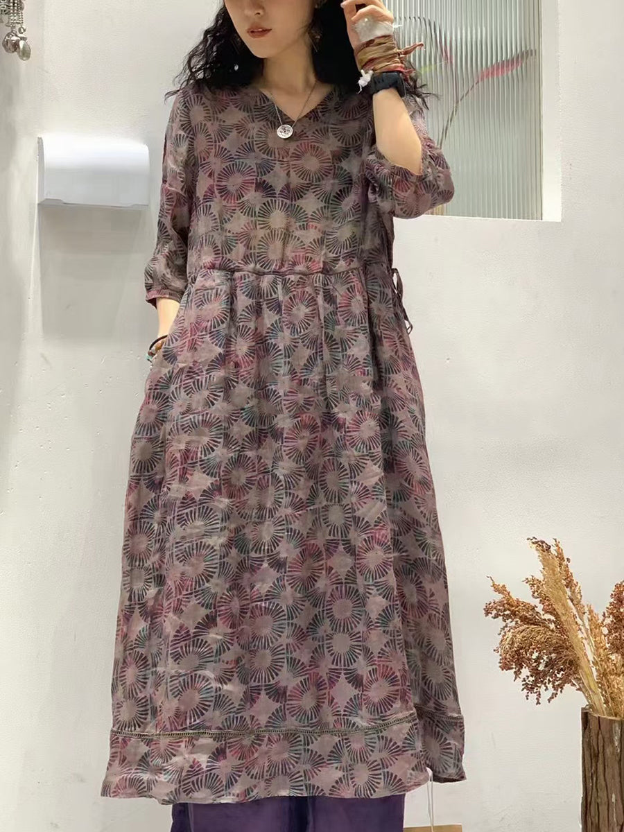 Robe d'été à col en V en ramie à fleurs artistiques pour femmes AS1023