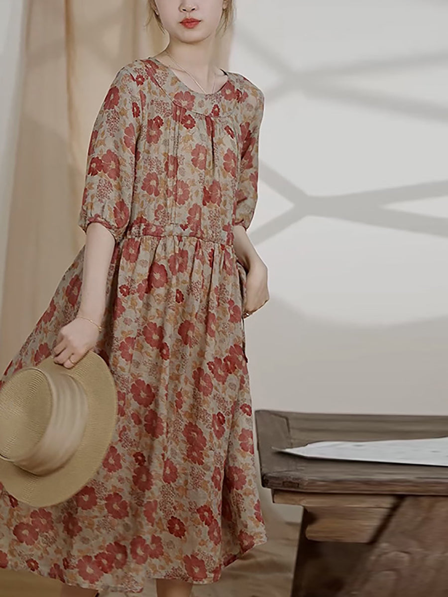 Robe d'été vintage à fleurs en ramie pour femme AS1034