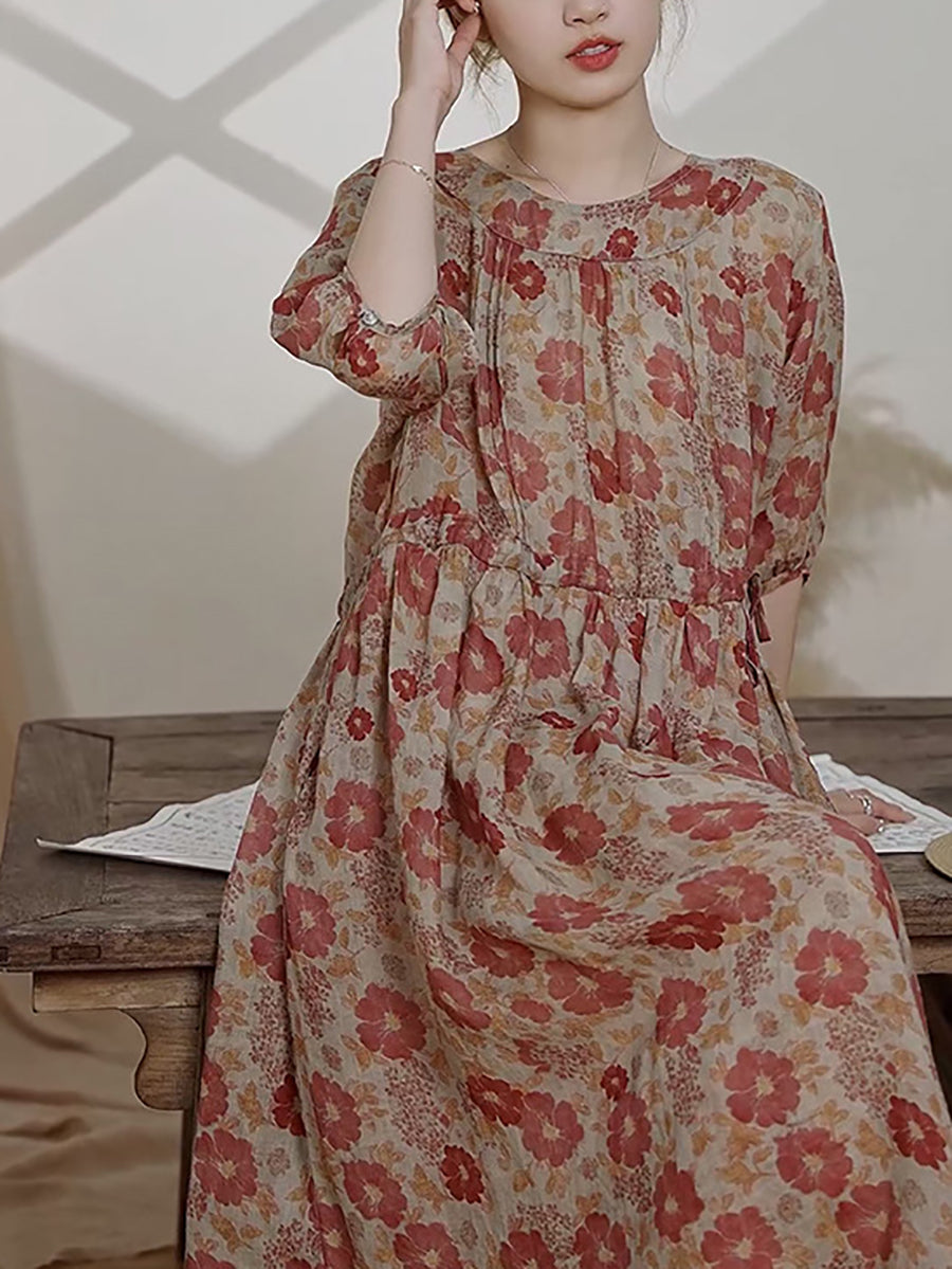 Robe d'été vintage à fleurs en ramie pour femme AS1034