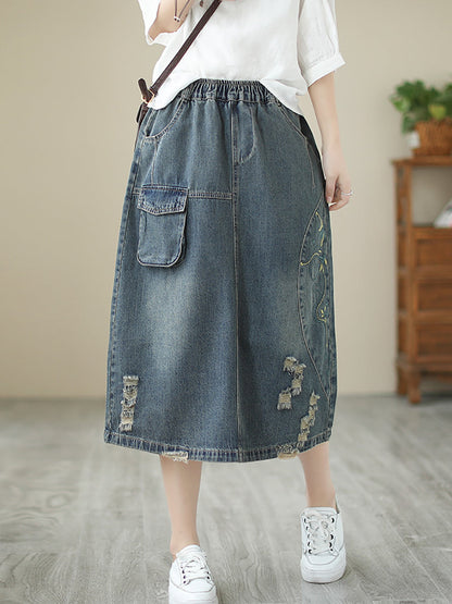 Women Summer Flower Embroidery Frayed Denim Skirt AS1041