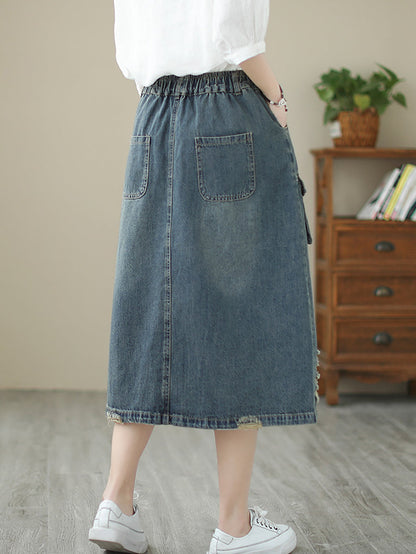 Women Summer Flower Embroidery Frayed Denim Skirt AS1041