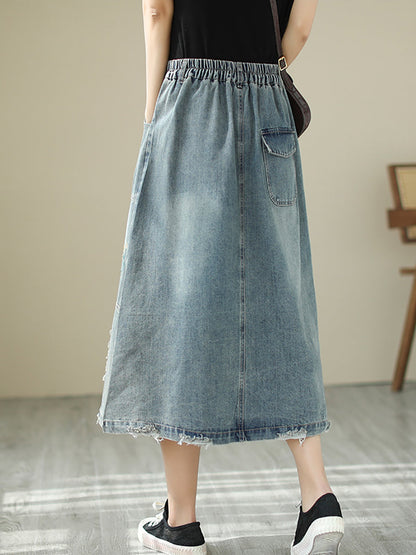 Women Summer Flower Embroidery Frayed Denim Skirt AS1041