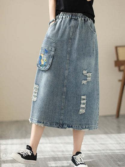 Women Summer Flower Embroidery Frayed Denim Skirt AS1041