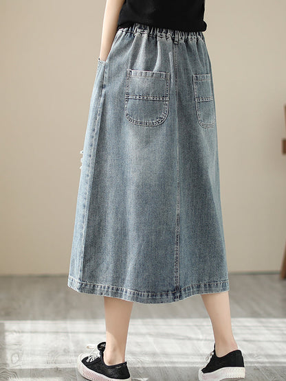 Women Summer Flower Embroidery Frayed Denim Skirt AS1041