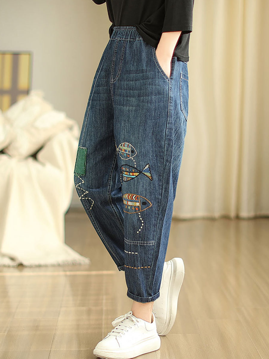 Women Summer Casual Fish Embroidery Denim Harem Pants AS1043