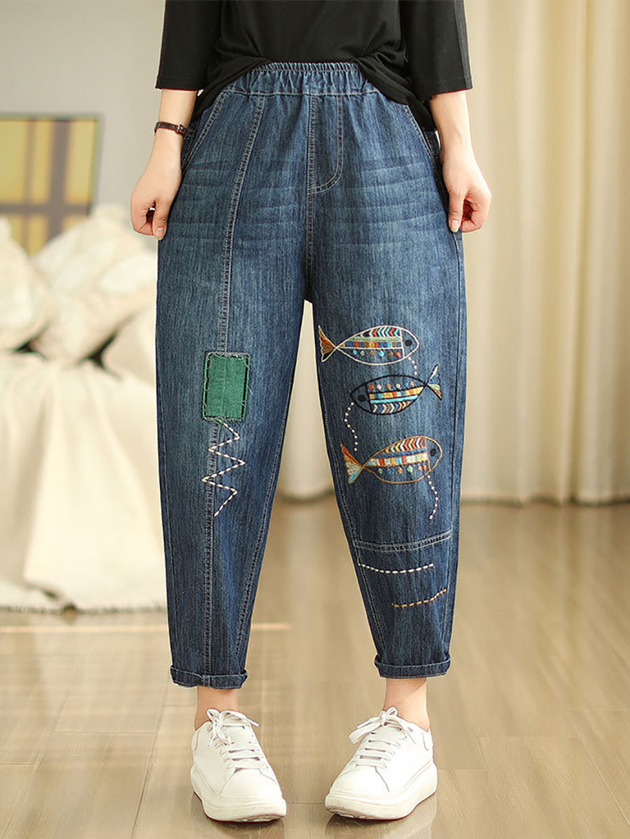 Women Summer Casual Fish Embroidery Denim Harem Pants AS1043