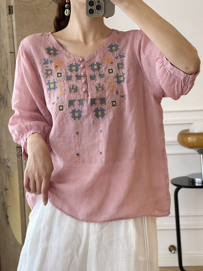 Women Summer Ethnic Embroidery Ramie Shirt AS1047