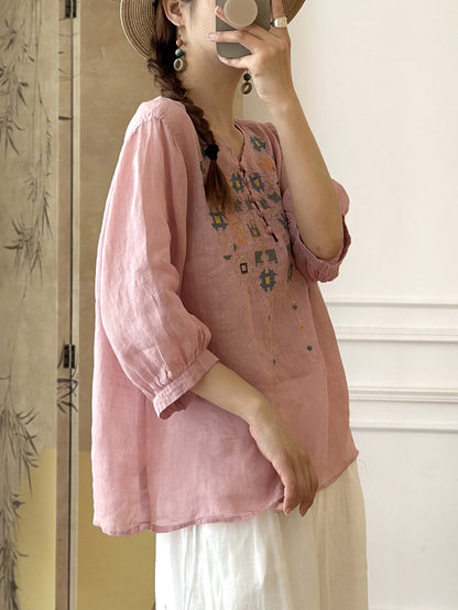 Women Summer Ethnic Embroidery Ramie Shirt AS1047