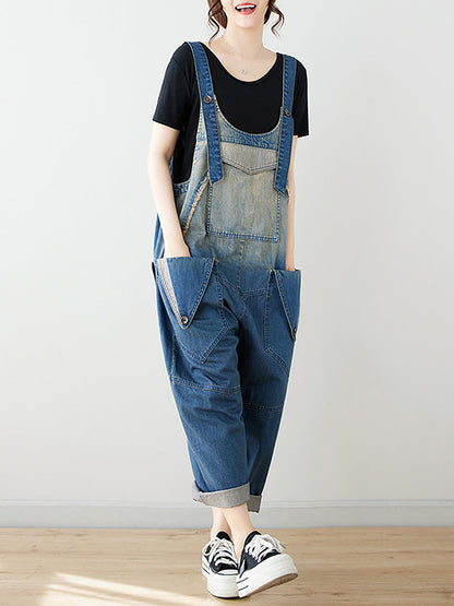 Women Summer Artsy Spliced Washed Denim Jumpsuits AS1050