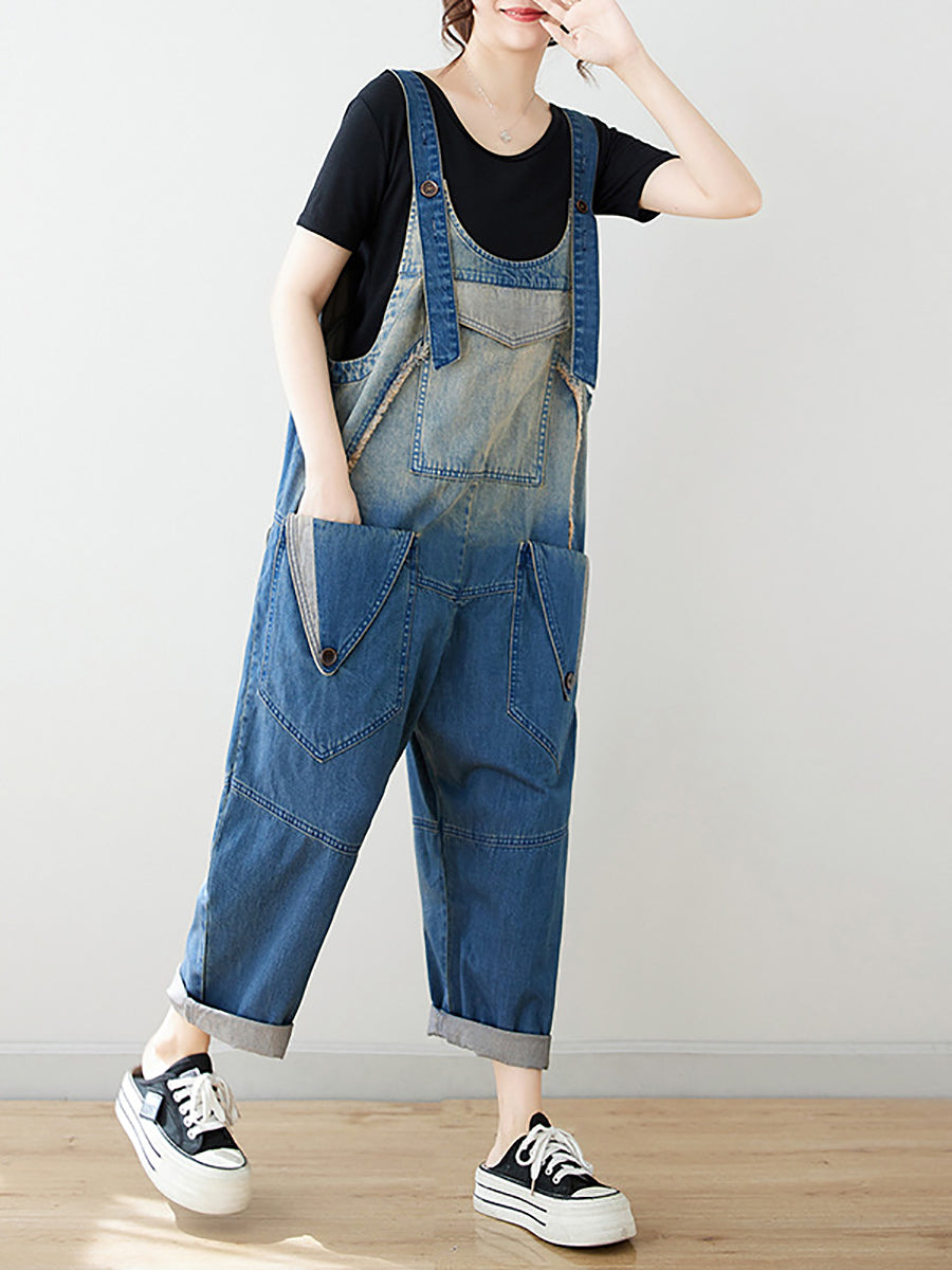 Women Summer Artsy Spliced Washed Denim Jumpsuits AS1050