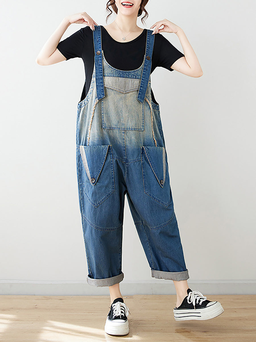 Women Summer Artsy Spliced Washed Denim Jumpsuits AS1050