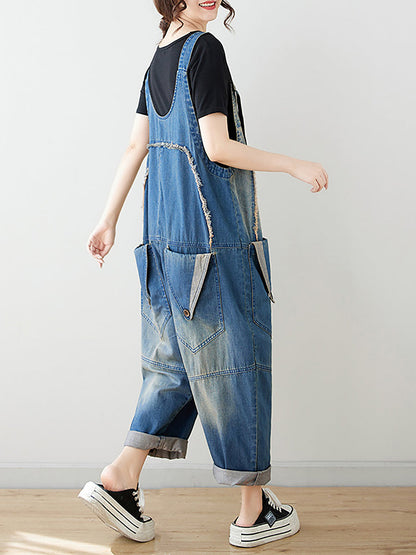 Women Summer Artsy Spliced Washed Denim Jumpsuits AS1050