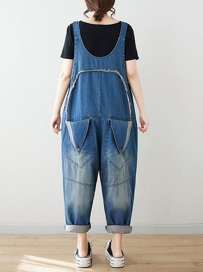 Women Summer Artsy Spliced Washed Denim Jumpsuits AS1050