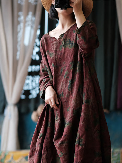 Women Ethnic Flower Worn Loose Long Sleeve Linen Dress AS1058