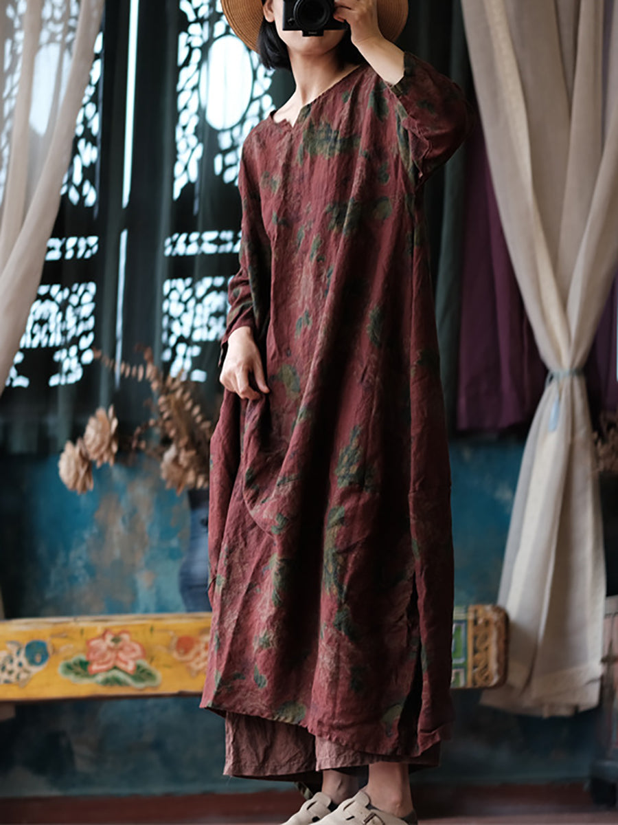 Robe en lin à manches longues et ample à imprimé floral ethnique pour femme AS1058