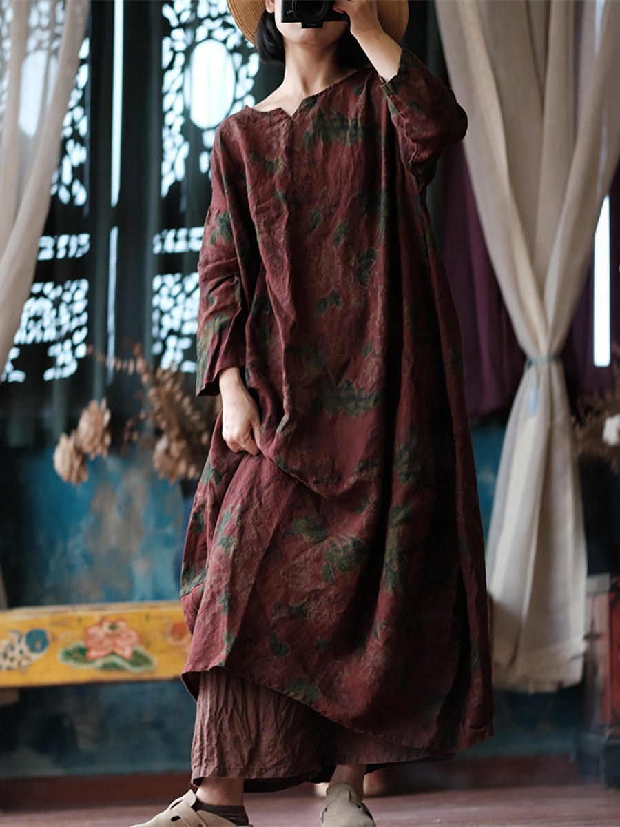 Robe en lin à manches longues et ample à imprimé floral ethnique pour femme AS1058