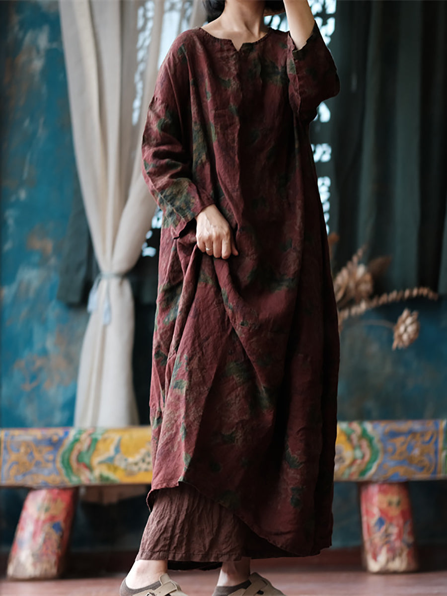 Robe en lin à manches longues et ample à imprimé floral ethnique pour femme AS1058