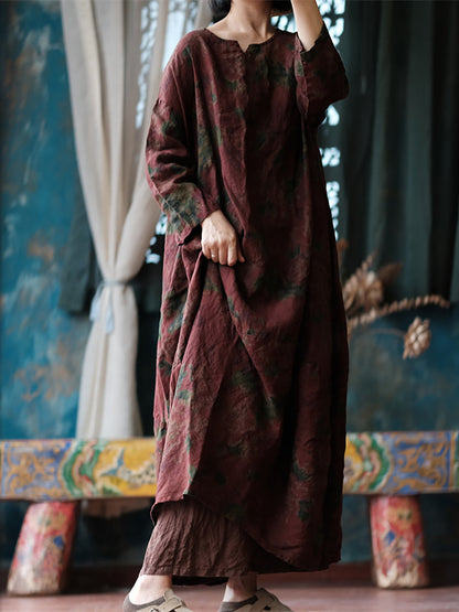 Women Ethnic Flower Worn Loose Long Sleeve Linen Dress AS1058