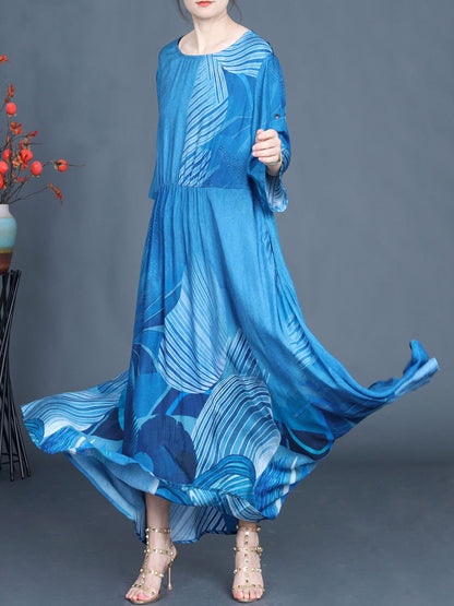 Women Summer Casual Print Blue O-Neck Maxi Dress AS1040