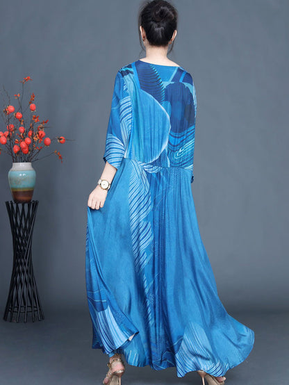 Women Summer Casual Print Blue O-Neck Maxi Dress AS1040