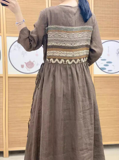 Women Summer Ethnic Spliced O-neck Loose Linen Dress AS1063