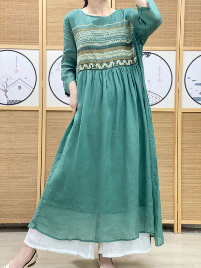 Women Summer Ethnic Spliced O-neck Loose Linen Dress AS1063