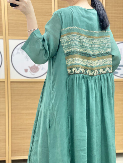 Women Summer Ethnic Spliced O-neck Loose Linen Dress AS1063