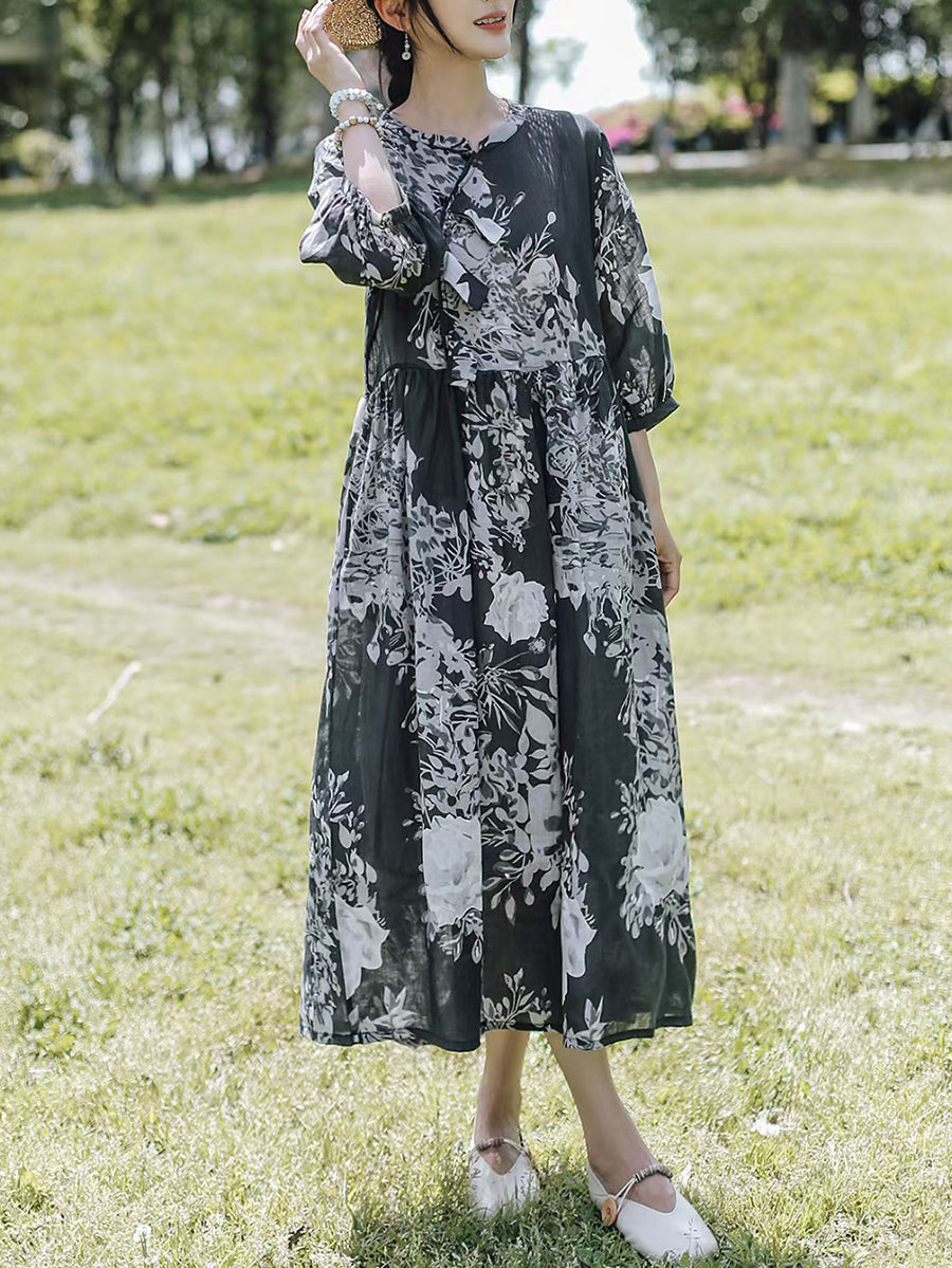 Robe d'été vintage en ramie épissée à fleurs pour femmes AS1060