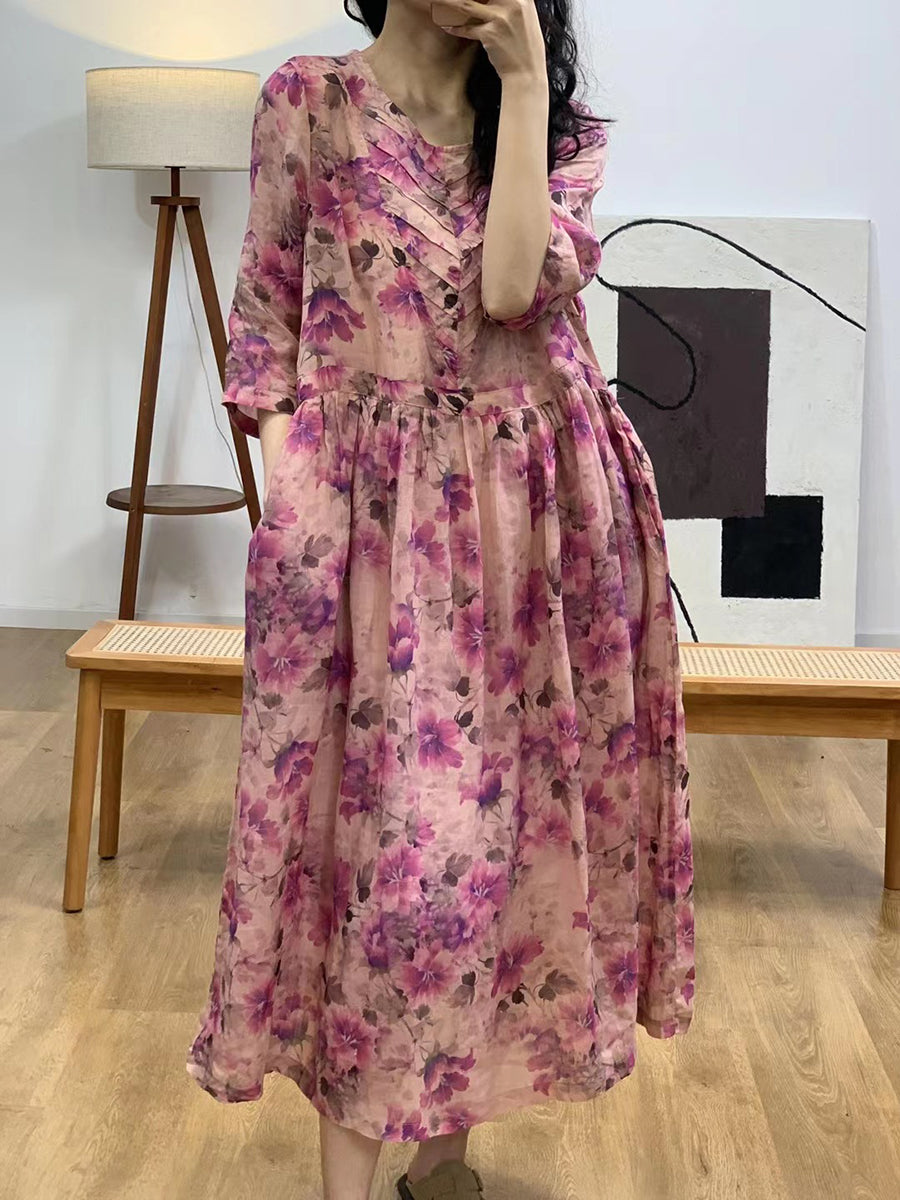 Robe d'été en ramie froncée à col en V et à fleurs artistiques pour femmes FG1010