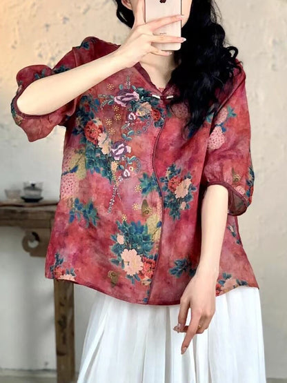 Women Summer Vintage Floral Embroidery Ramie Shirt FG1007