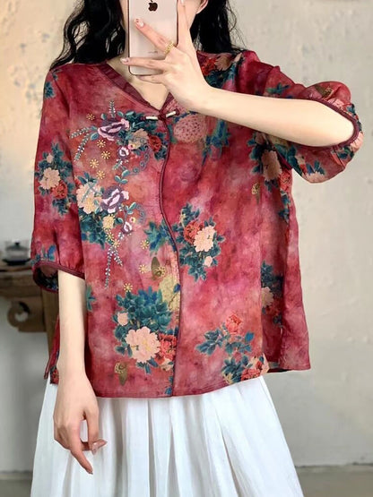 Women Summer Vintage Floral Embroidery Ramie Shirt FG1007