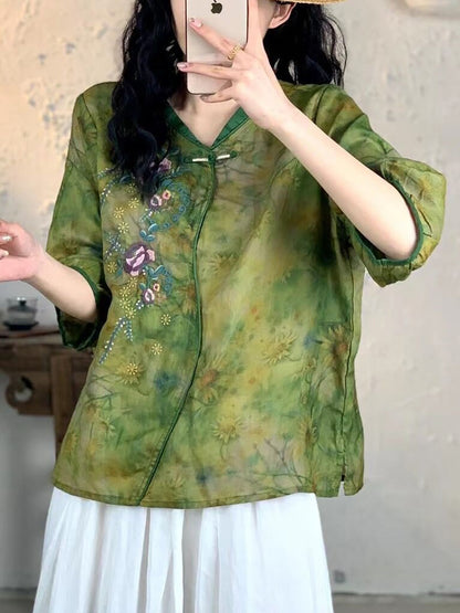 Women Summer Vintage Floral Embroidery Ramie Shirt FG1007