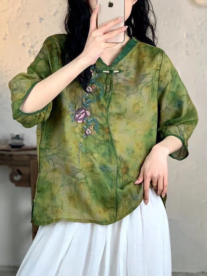 Women Summer Vintage Floral Embroidery Ramie Shirt FG1007