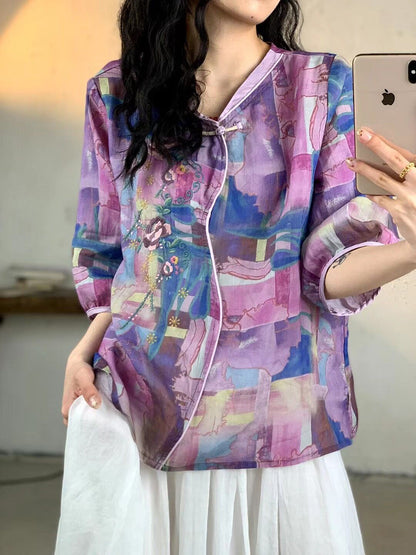 Women Summer Vintage Floral Embroidery Ramie Shirt FG1007