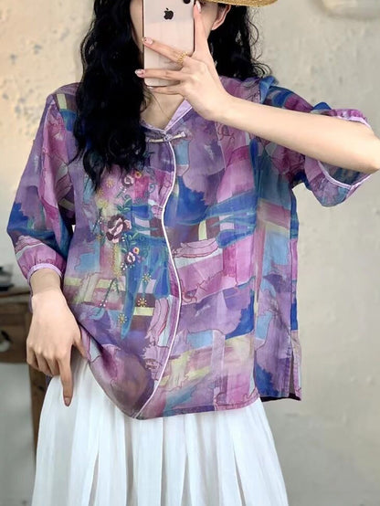 Women Summer Vintage Floral Embroidery Ramie Shirt FG1007