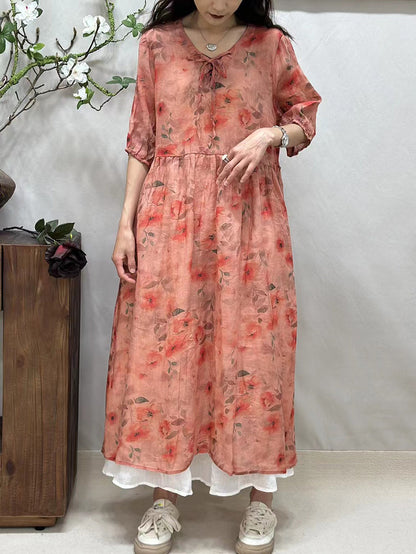 Women Summer Vintage Floral Strap Ramie Loose Dress FG1044