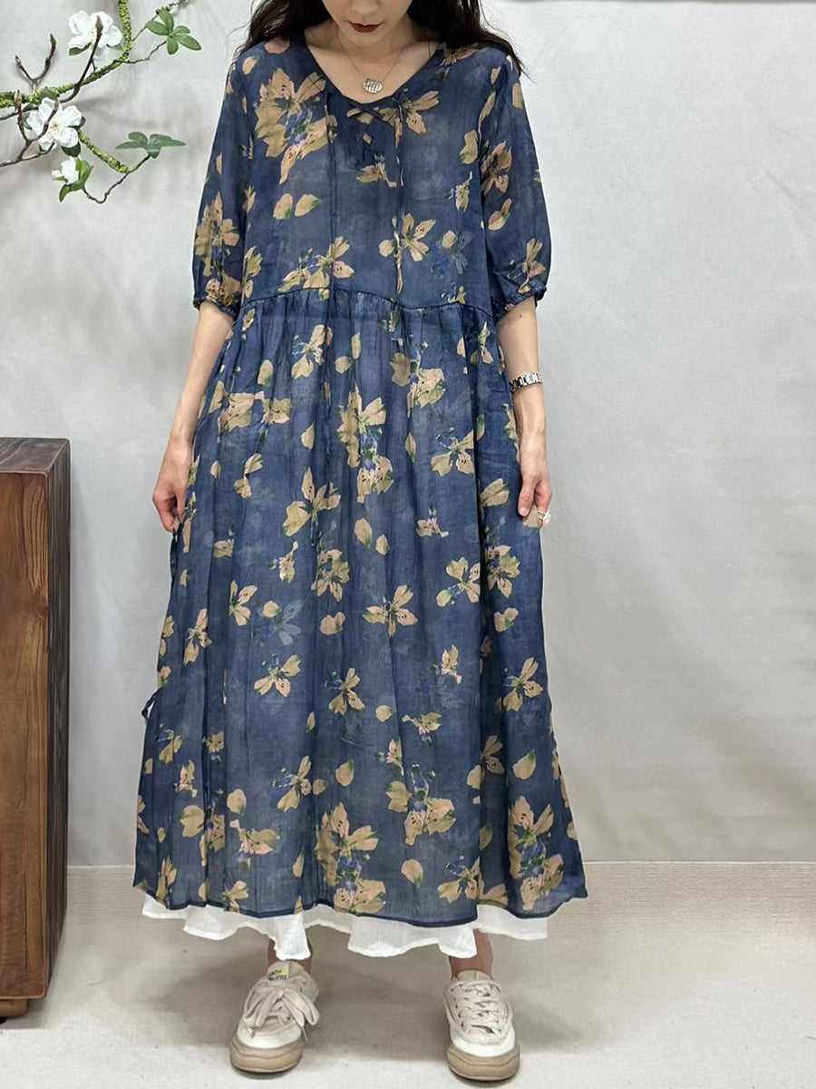 Robe ample à bretelles florales vintage d'été pour femmes FG1044