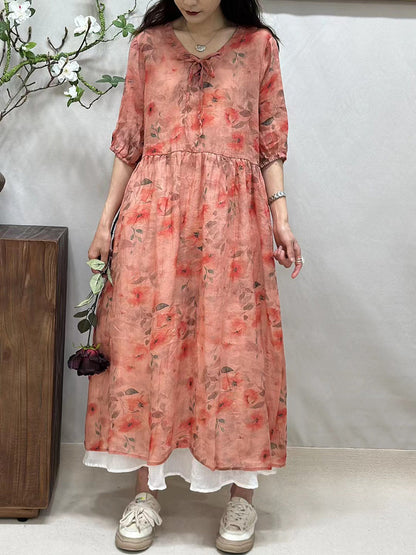 Women Summer Vintage Floral Strap Ramie Loose Dress FG1044