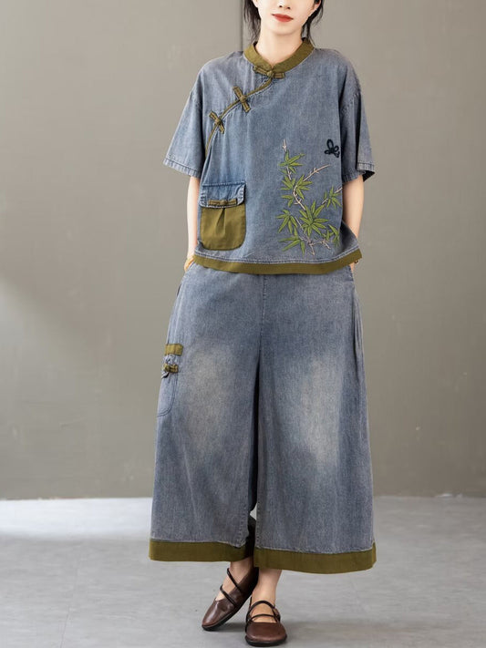 Women Summer Retro Colorblock Embroidery Denim Suits FG1011