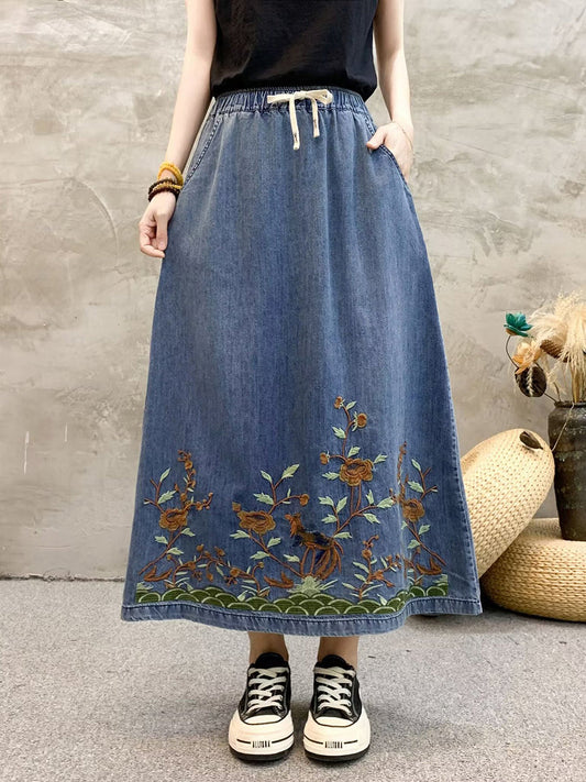 Women Summer Artsy Flower Embroidert Denim Skirt FG1009