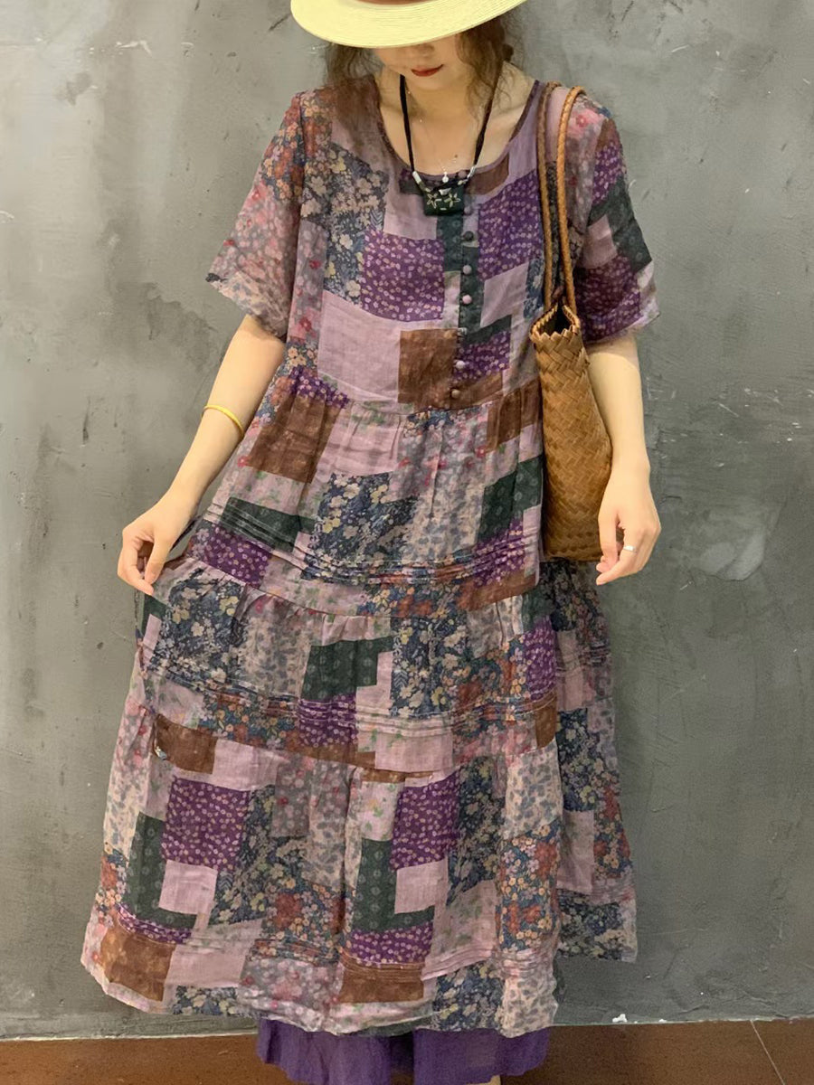 Robe d'été vintage à imprimé floral en ramie pour femme FG1014