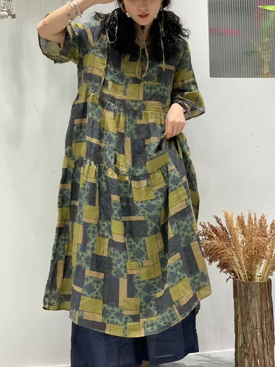 Robe d'été vintage à fleurs et col en V en ramie pour femme FG1013