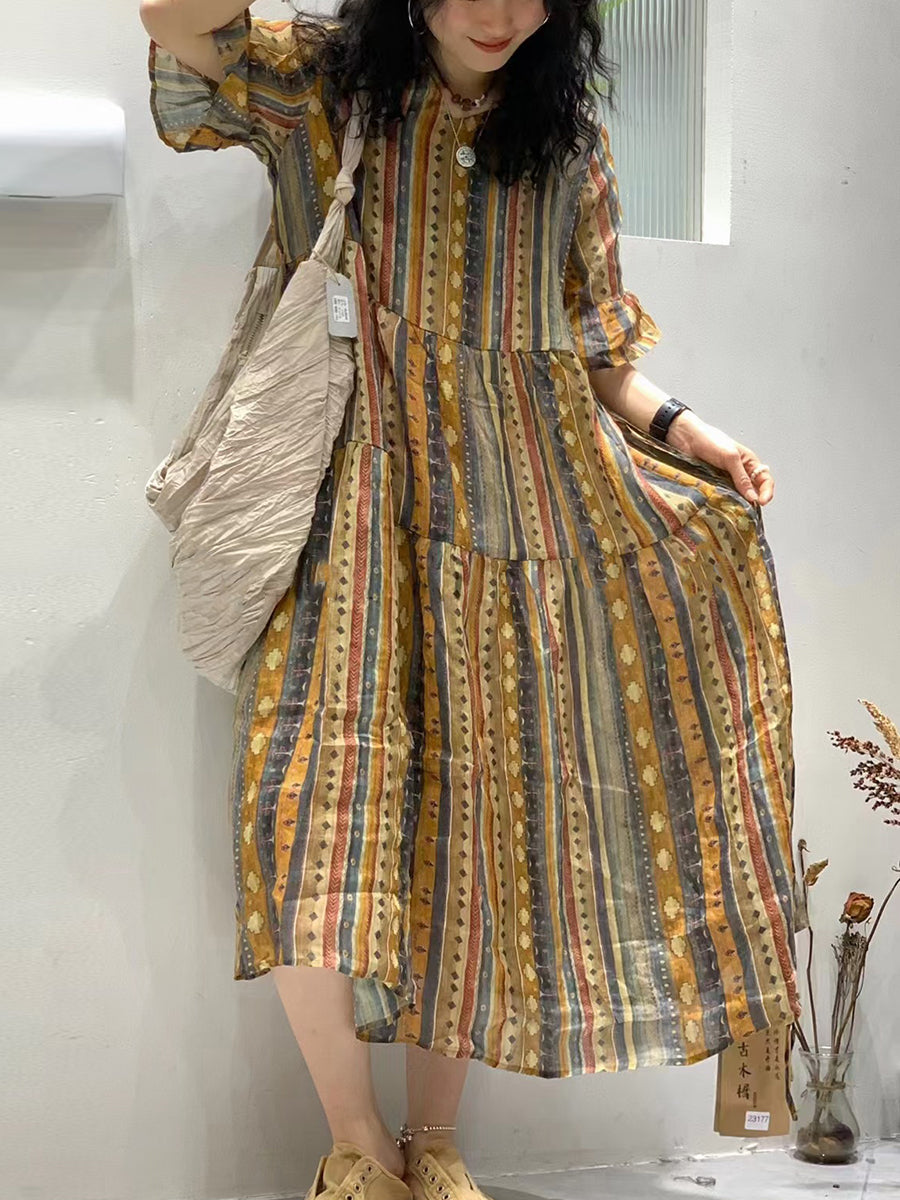 Robe d'été vintage à fleurs et col en V en ramie pour femme FG1013