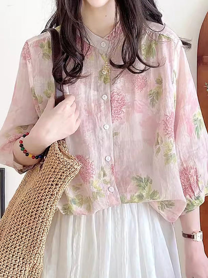 Women Summer Flower Vintage Ramie Button-up Shirt FG1033