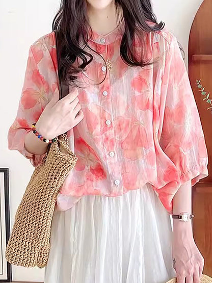 Women Summer Flower Vintage Ramie Button-up Shirt FG1033