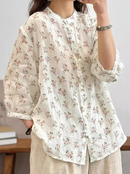 Women Summer Flower Vintage Ramie Button-up Shirt FG1033